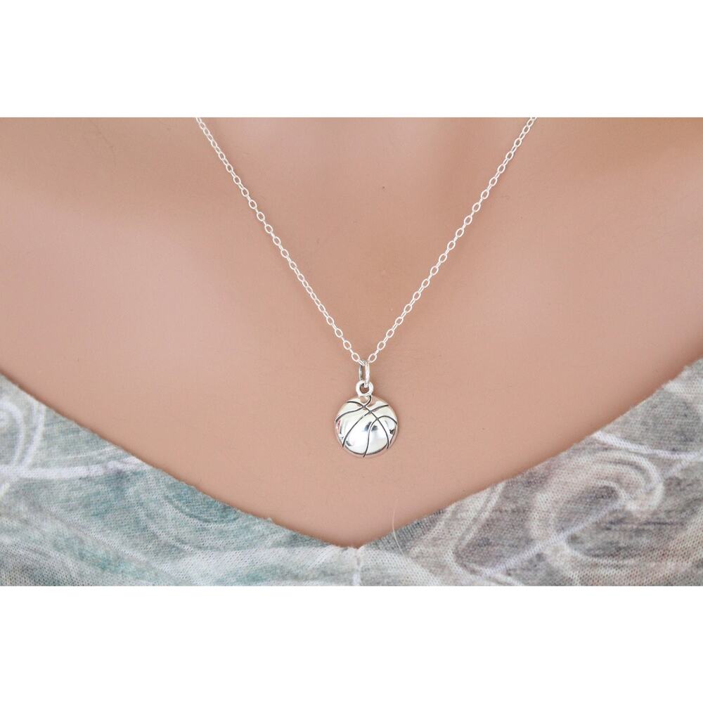 Sterling Silver Basketball Charm Necklace, Silver Basketball Pendant Necklace